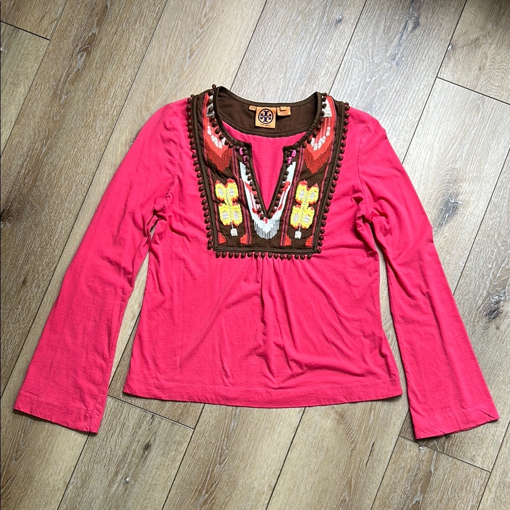 TORY BURCH EMBROIDERED COTTON TUNIC TOP PINK SIZE S Boho Festival Art To Wear